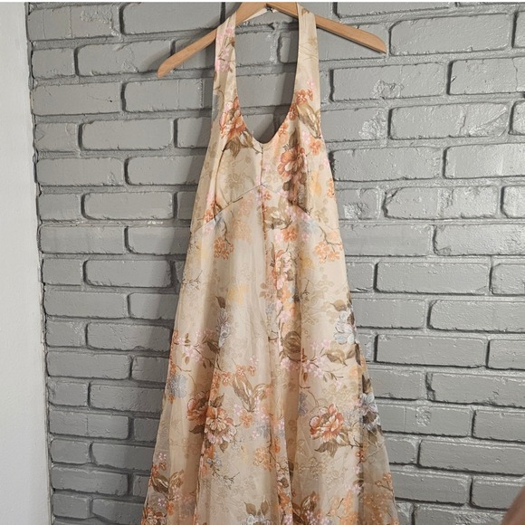 Vintage Dresses & Skirts - Vintage 70s ILGWU Floral Halter Maxi Dress Peach Orange Boho Prom Gown Size 10